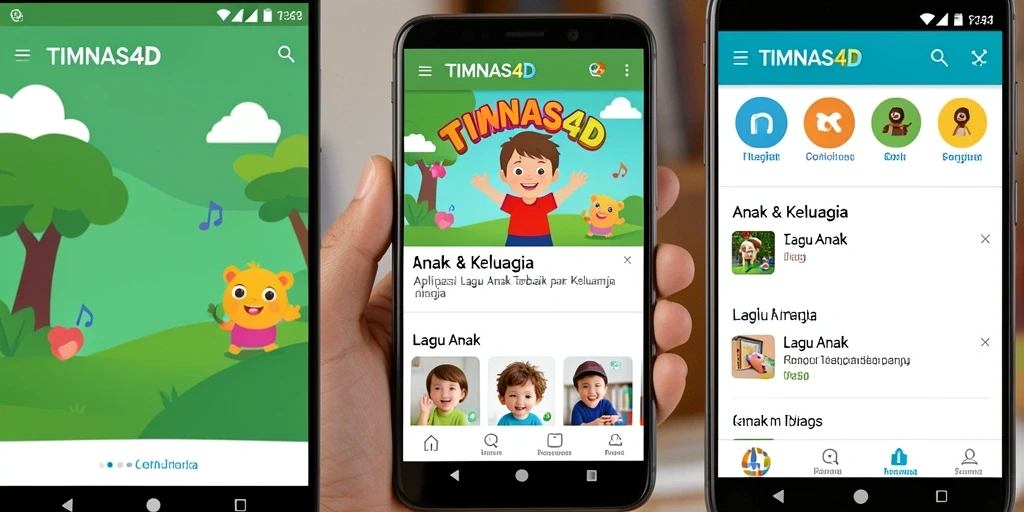 Antarmuka aplikasi TIMNAS4D menampilkan berbagai lagu anak yang ceria.